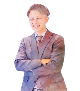 サービス部の男性スタッフが自身に満ちてポージングしている社員紹介用の写真